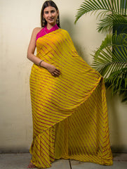 Summer Breeze - Lehariya, Georgette & Gota Saree - Yellow (With Blouse Piece)