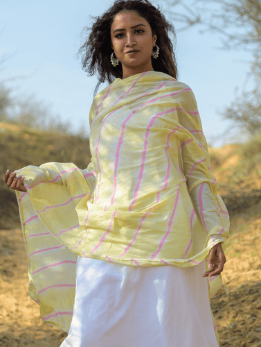 Summer Breeze - Lehariya, Soft Mul Dupatta With Trimmings - Lime & Peach