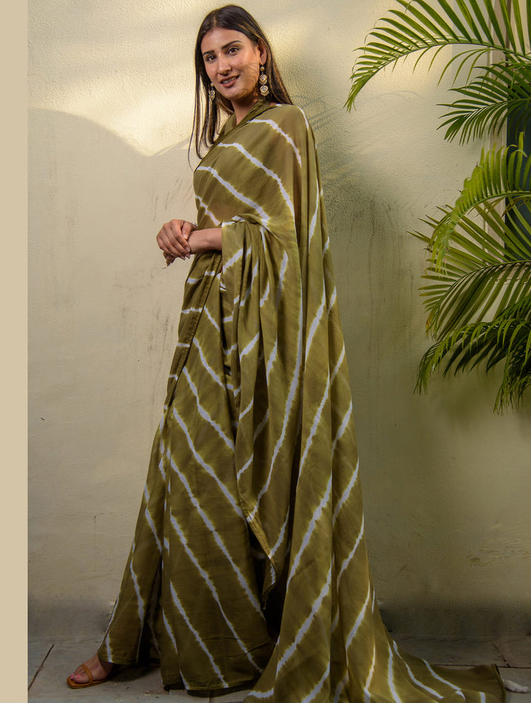 Summer Breeze - Lehariya, Soft Mul Saree With Trimmings - Olive (With Blouse Piece)