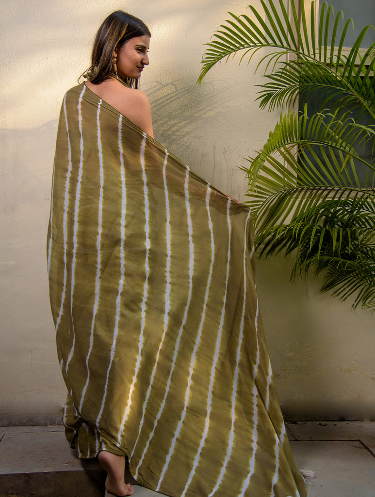 Summer Breeze - Lehariya, Soft Mul Saree With Trimmings - Olive (With Blouse Piece)