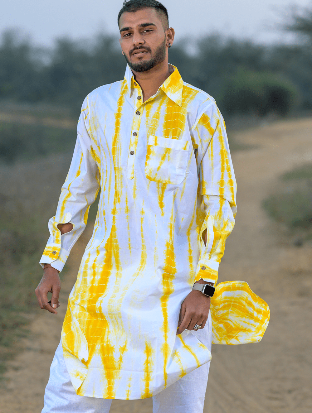 Summer Breeze Tie Dye Cotton Pathani Kurta Yellow