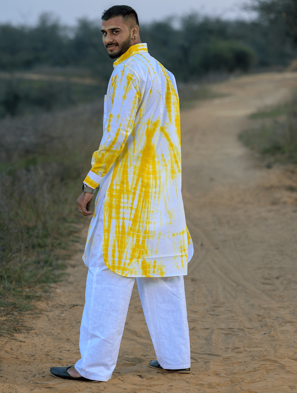 Summer Breeze Tie Dye Cotton Pathani Kurta Yellow