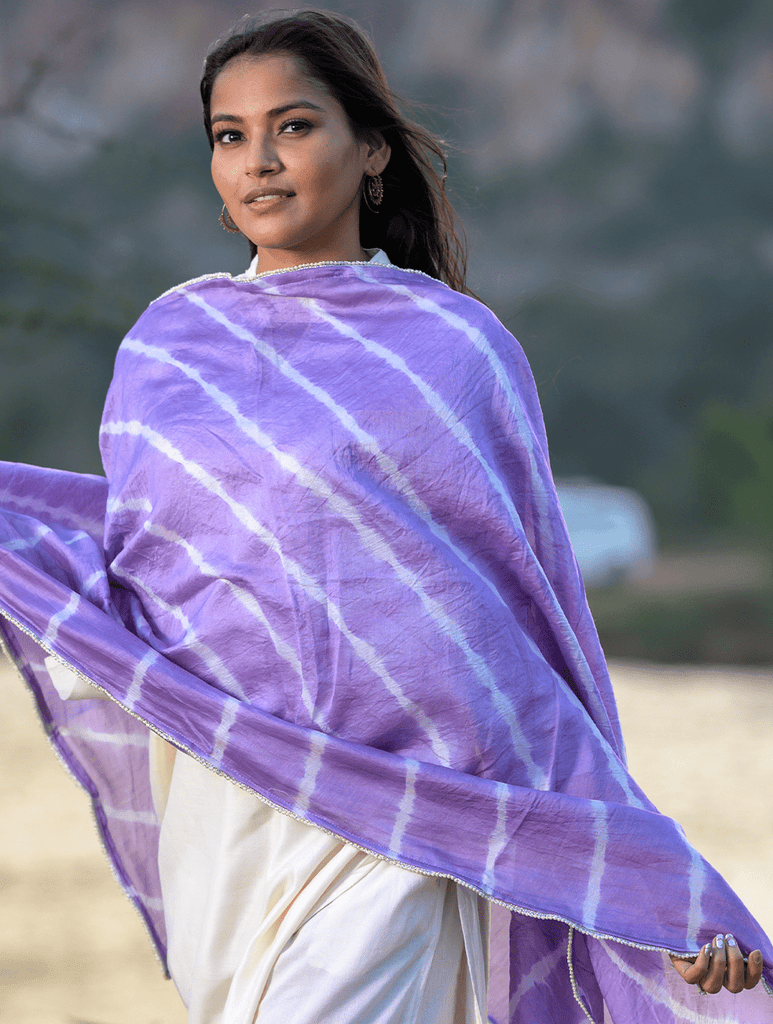 Summer Breeze - Tie & Dye, Chanderi Dupatta With Trimmings - Lavender & Grey