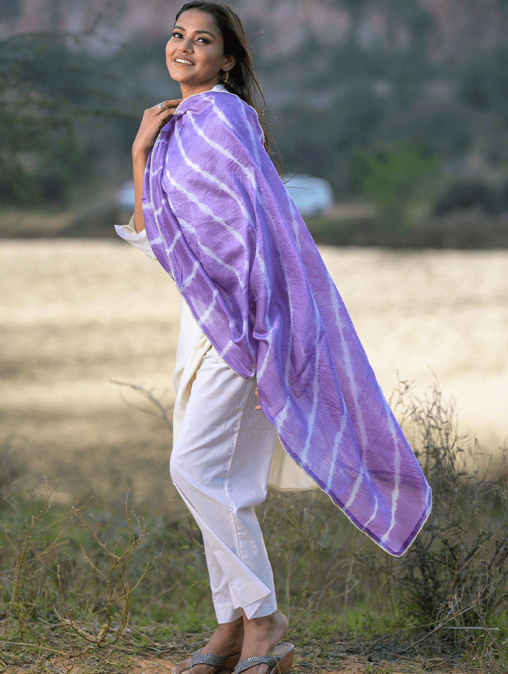 Load image into Gallery viewer, Summer Breeze - Tie &amp; Dye, Chanderi Dupatta With Trimmings - Lavender &amp; Grey