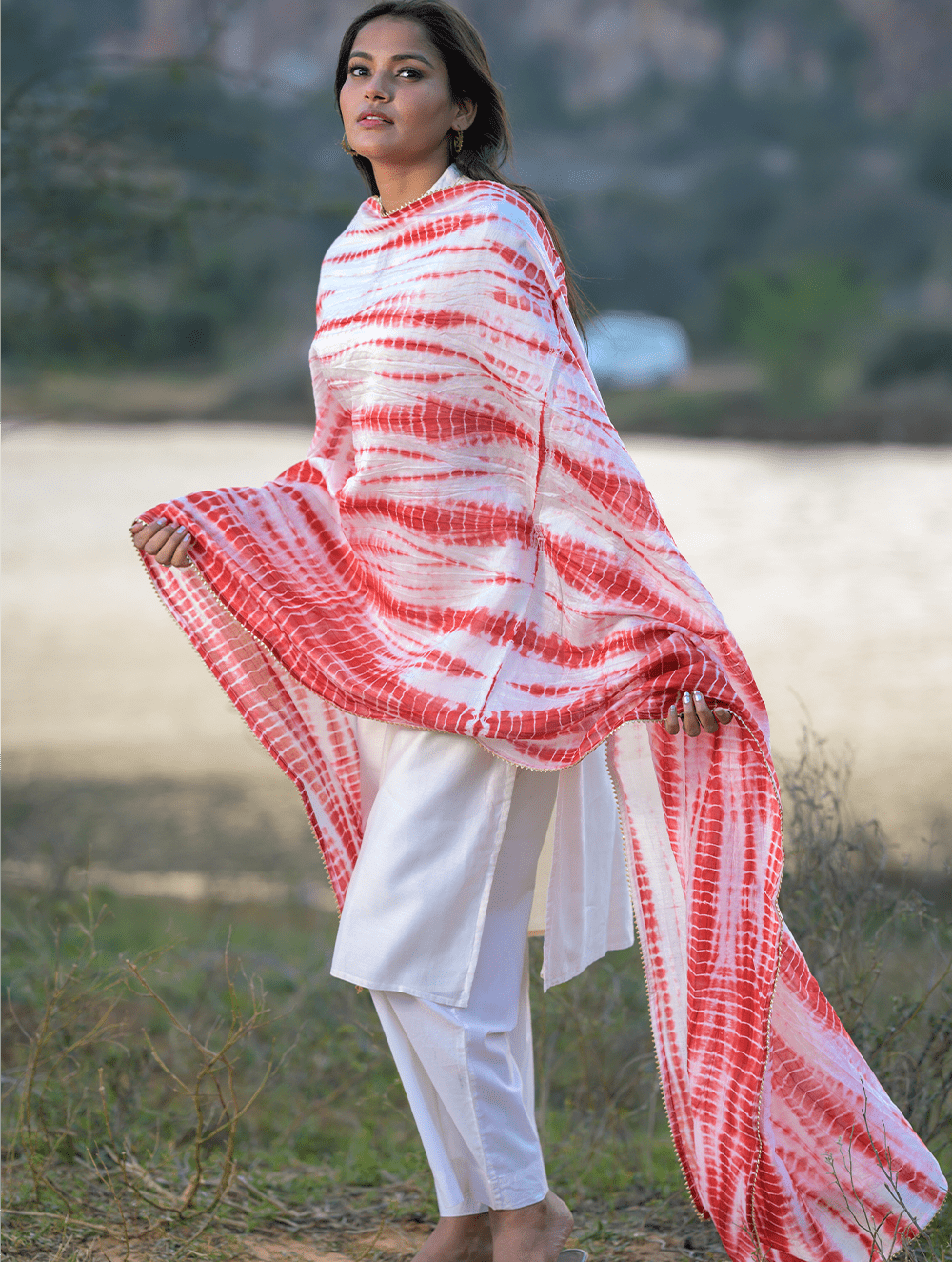 Summer Breeze - Tie & Dye, Chanderi & Gota Dupatta - Deep Red