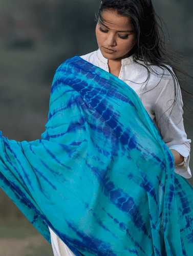 Summer Breeze - Tie & Dye, Soft Mul Dupatta With Shell Trimmings - Peacock Green