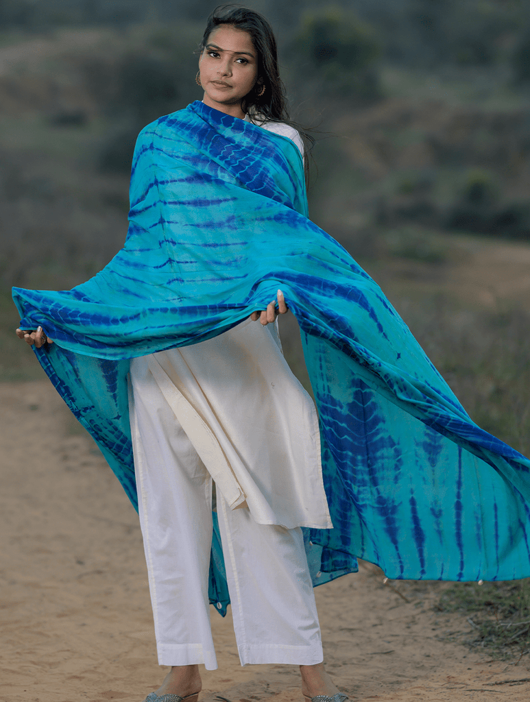 Summer Breeze - Tie & Dye, Soft Mul Dupatta With Shell Trimmings - Peacock Green