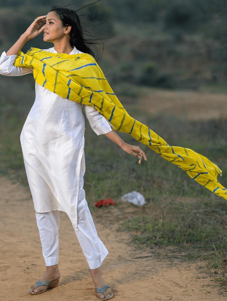 Summer Breeze - Tie & Dye, Soft Mul Dupatta With Shell Trimmings - Sunshine Yellow