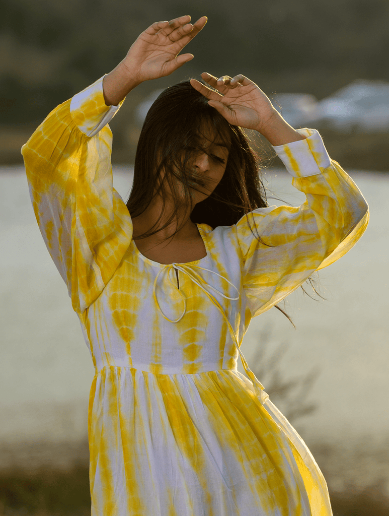 Summer Breeze - Tie & Dye, Soft Mul Long Yellow Dress