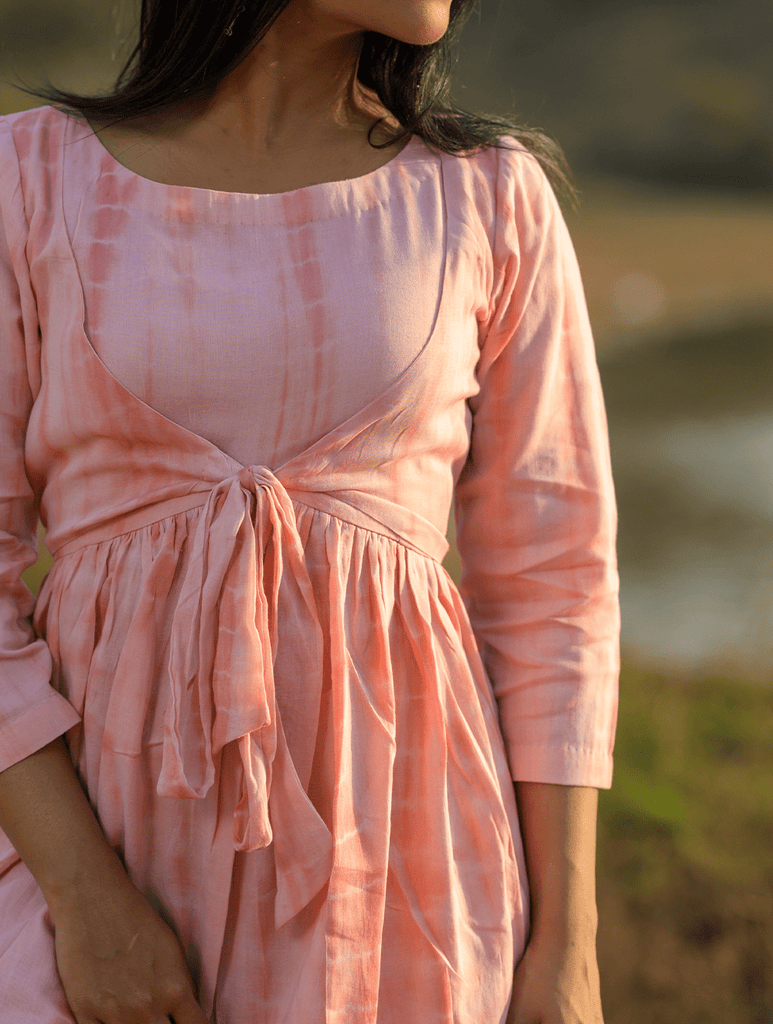 Summer Breeze - Tie & Dye, Soft Mul Peach Bow Dress
