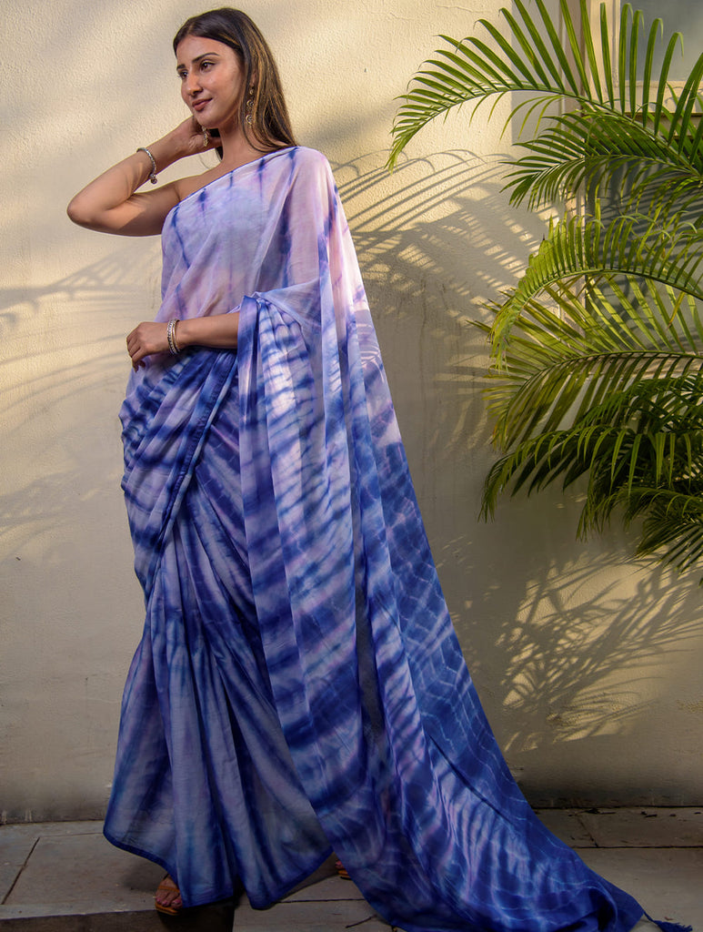 Summer Breeze - Tie & Dye, Soft Mul Saree With Trimmings - Blues (With Blouse Piece)