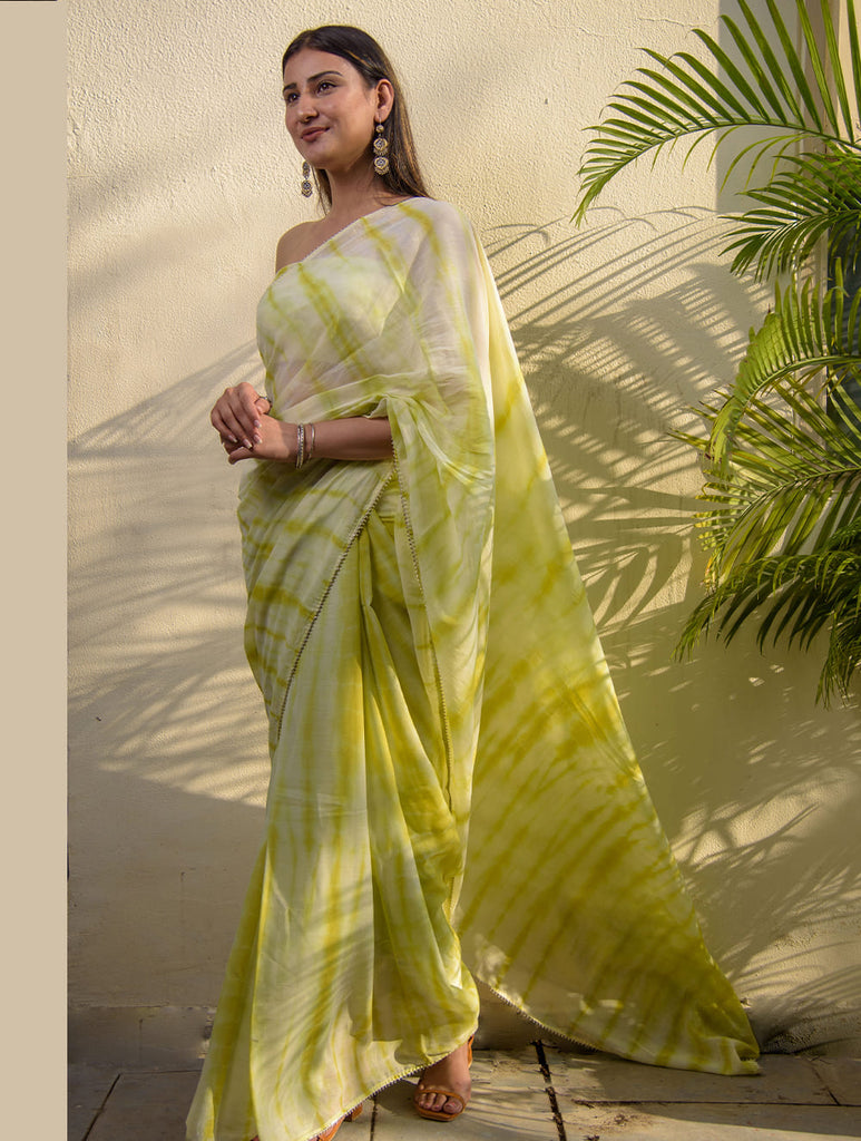 Summer Breeze - Tie & Dye, Soft Mul Saree With Trimmings - Leaf Green (With Blouse Piece)