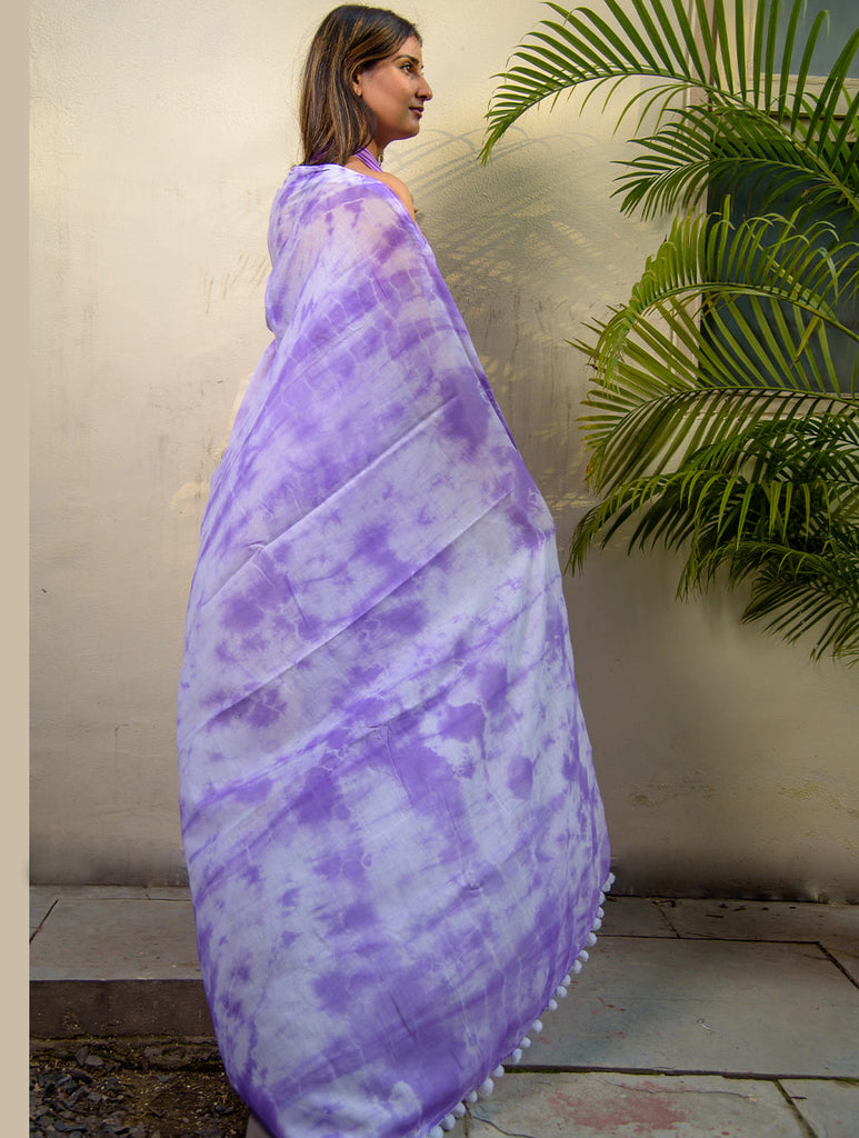 Summer Breeze - Tie & Dye, Soft Mul Saree With Trimmings - Lilac (With Blouse Piece)