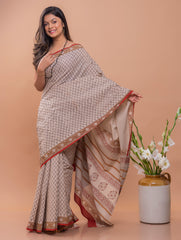 Summer Classics. Bagru Block Printed Mulmul Cotton Saree - Beige & Black Florets