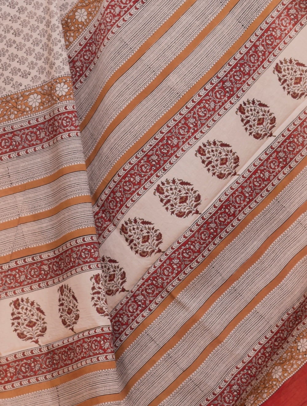 Summer Classics. Bagru Block Printed Mulmul Cotton Saree - Beige & Black Florets