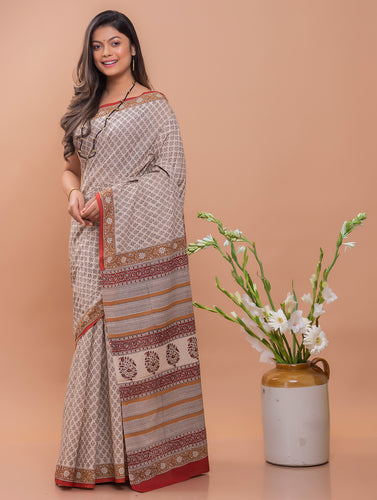 Summer Classics. Bagru Block Printed Mulmul Cotton Saree - Beige & Black Florets
