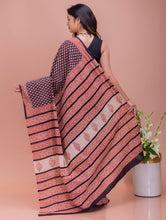 Load image into Gallery viewer, Summer Classics. Bagru Block Printed Mulmul Cotton Saree - Black &amp; Red Florets  