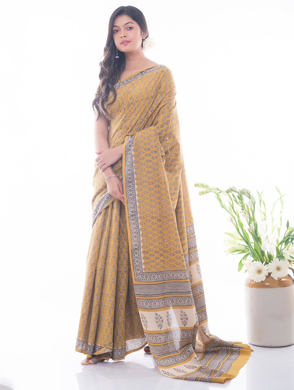 Load image into Gallery viewer, Summer Classics. Bagru Block Printed Mulmul Cotton Saree - Dull Yellow &amp; Beige Flora