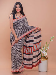 Summer Classics. Bagru Block Printed Mulmul Cotton Saree - Geometric Leaf Motif 