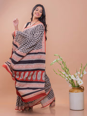 Summer Classics. Bagru Block Printed Mulmul Cotton Saree - Geometric Leaf Motif 