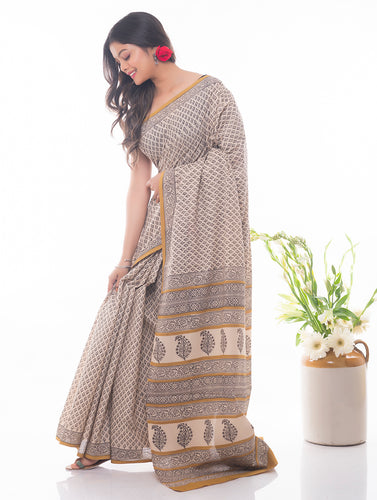Summer Classics. Bagru Block Printed Mulmul Cotton Saree - Ochre & Black Florets