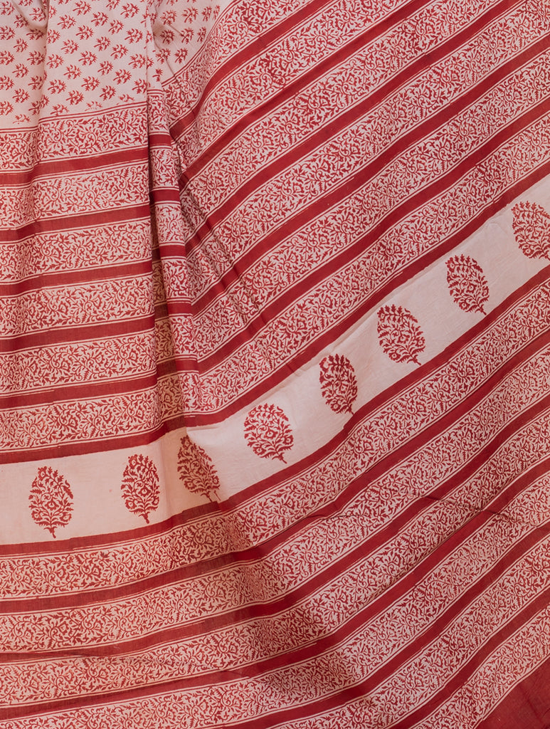 Summer Classics. Bagru Block Printed Mulmul Cotton Saree - Red & White Florets