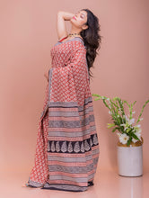 Load image into Gallery viewer, Summer Classics. Bagru Block Printed Mulmul Cotton Saree - Red &amp; White Leaves