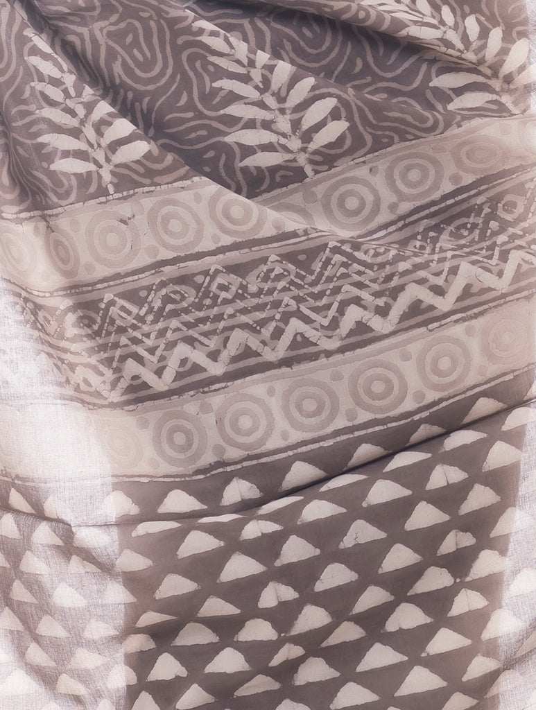 Summer Classics. Dabu Block Printed Cotton Saree - Dull White & Brown Leaves