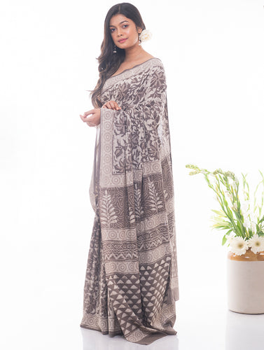 Summer Classics. Dabu Block Printed Cotton Saree - Dull White & Brown Leaves