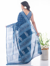 Load image into Gallery viewer, Summer Classics. Dabu Block Printed Cotton Saree - Indigo Floral