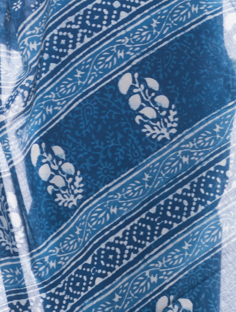 Summer Classics. Dabu Block Printed Cotton Saree - Indigo Floral