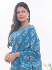 Summer Classics. Dabu Block Printed Cotton Saree - Warm Blue Leaves