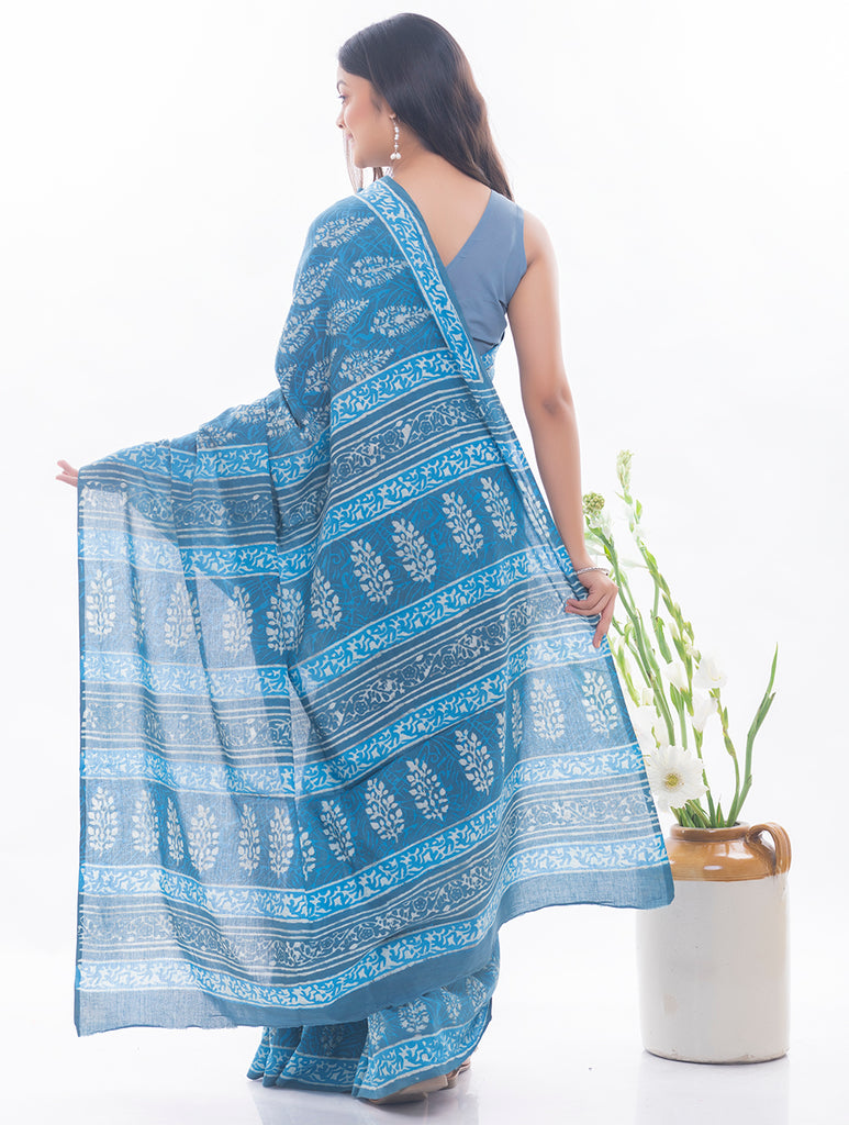 Summer Classics. Dabu Block Printed Cotton Saree - Warm Blue Leaves