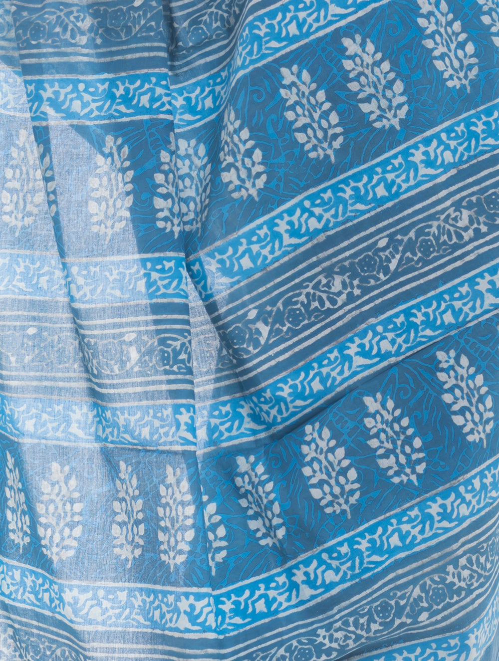 Summer Classics. Dabu Block Printed Cotton Saree - Warm Blue Leaves