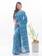 Summer Classics. Dabu Block Printed Cotton Saree - Warm Blue Leaves