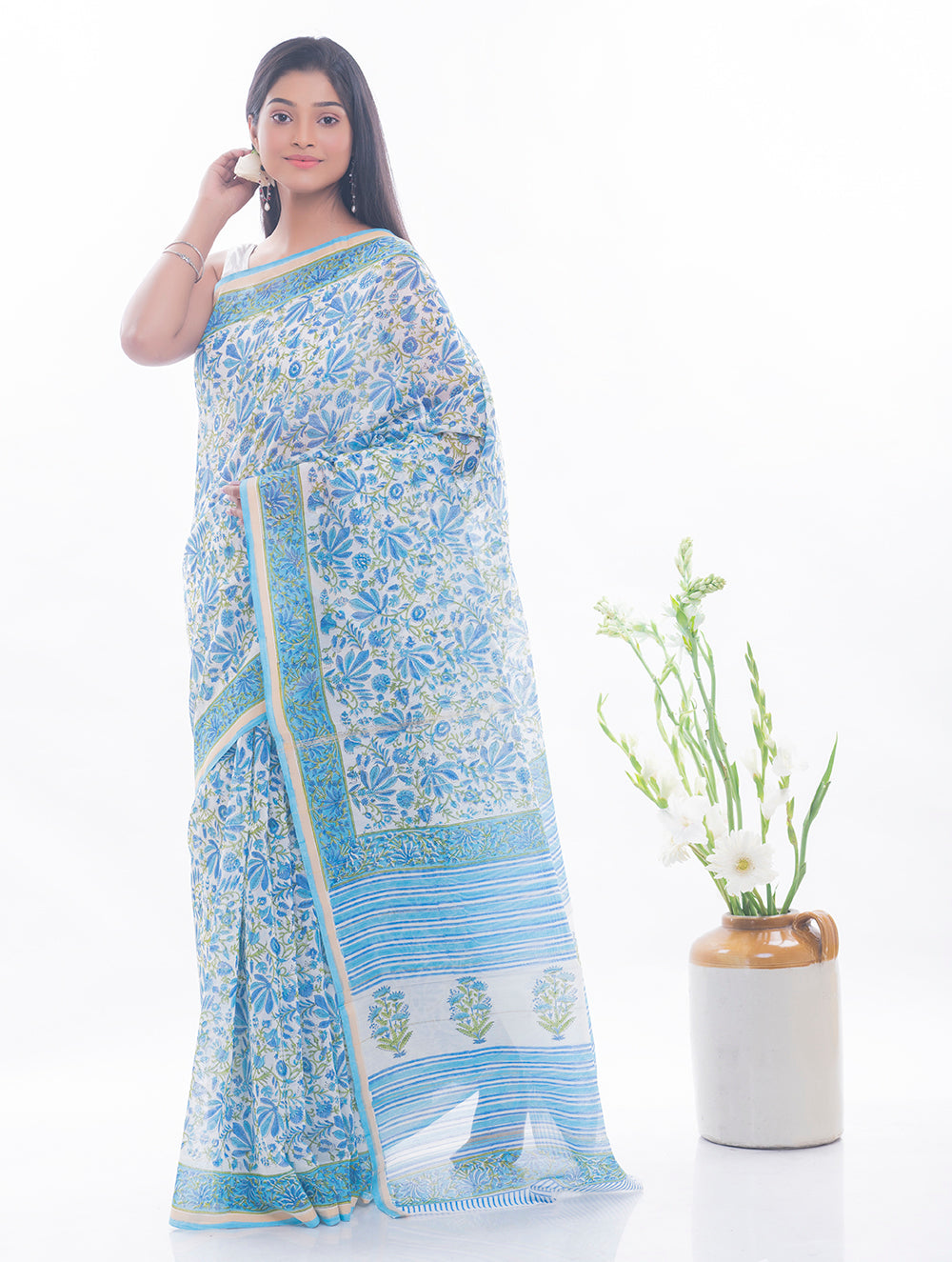 Load image into Gallery viewer, Summer Florals. Sanganeri Block Printed Chanderi Saree - Blue Flora  