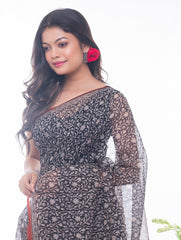 Summer Moods. Bagru Block Printed Kota Doria Saree - Black Floral