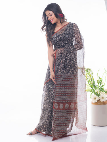 Summer Moods. Bagru Block Printed Kota Doria Saree - Black Floral