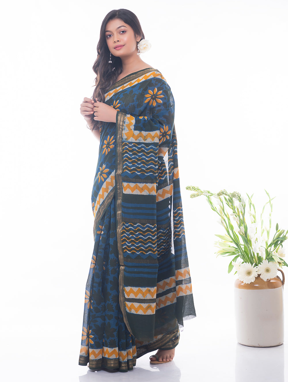Summer Moods. Dabu Block Printed Maheshwari Saree - Blue & Yellow Daisies