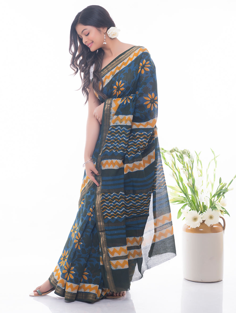 Summer Moods. Dabu Block Printed Maheshwari Saree - Blue & Yellow Daisies