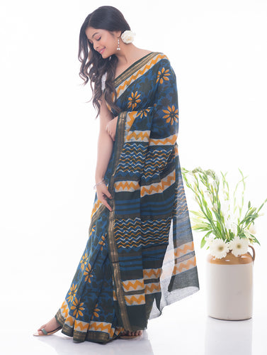 Summer Moods. Dabu Block Printed Maheshwari Saree - Blue & Yellow Daisies