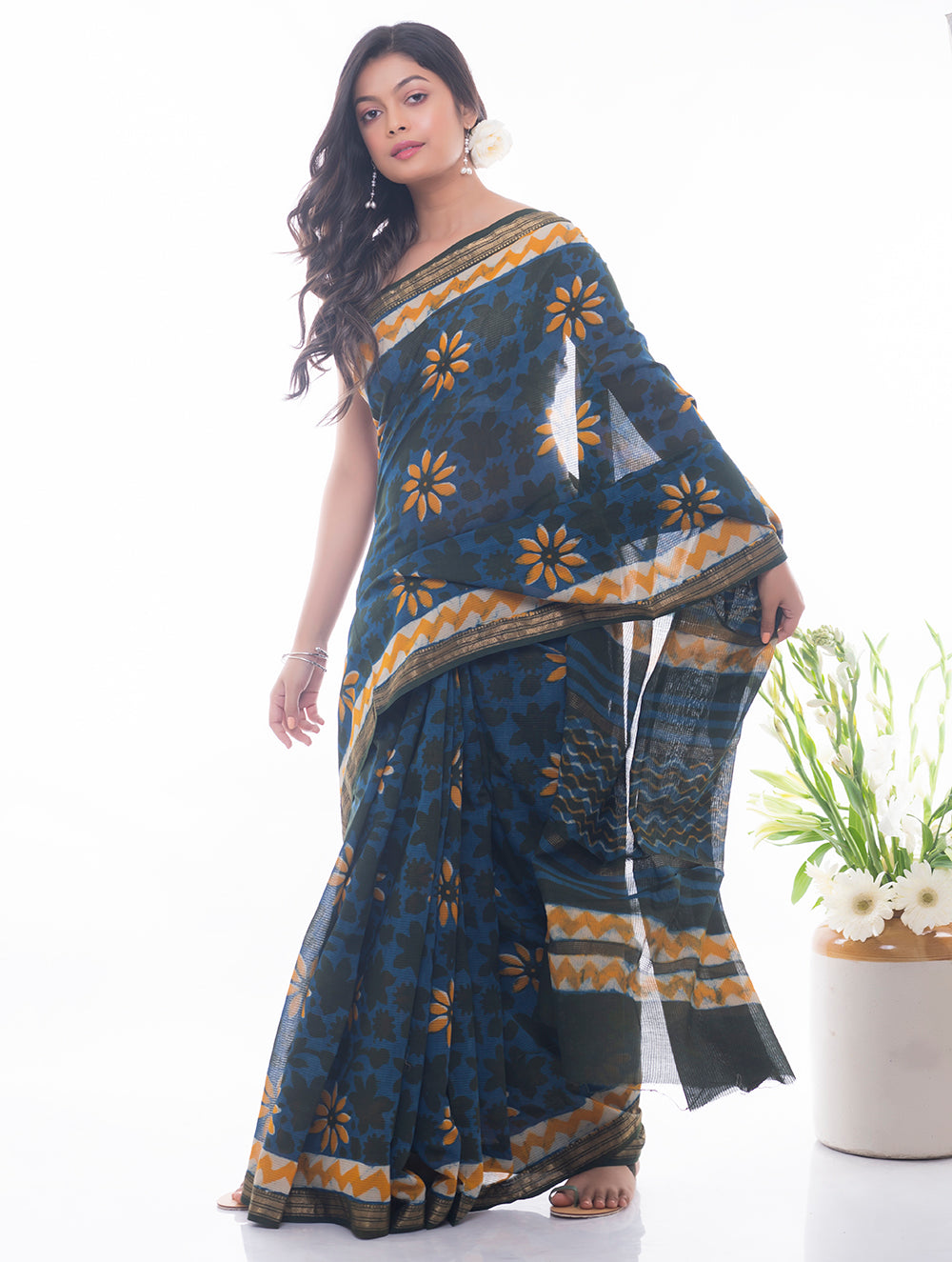 Summer Moods. Dabu Block Printed Maheshwari Saree - Blue & Yellow Daisies