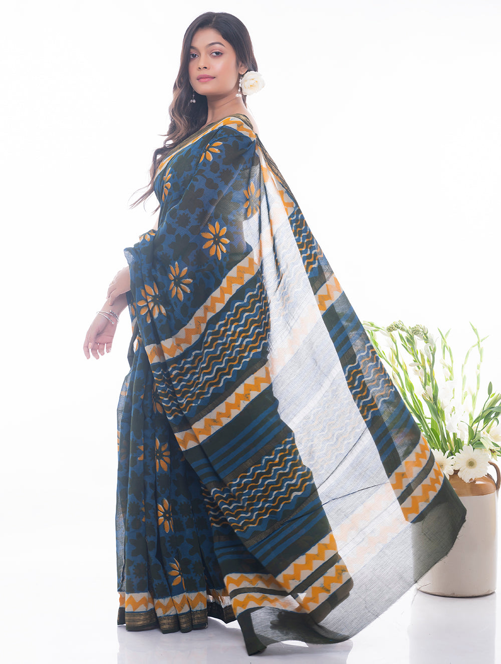 Summer Moods. Dabu Block Printed Maheshwari Saree - Blue & Yellow Daisies