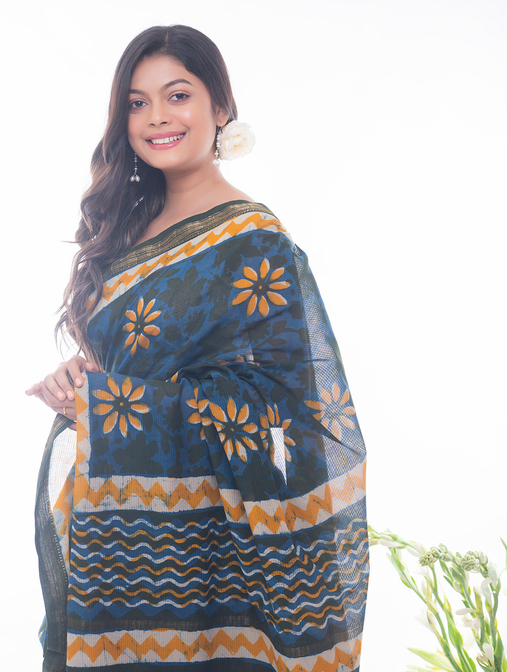 Summer Moods. Dabu Block Printed Maheshwari Saree - Blue & Yellow Daisies