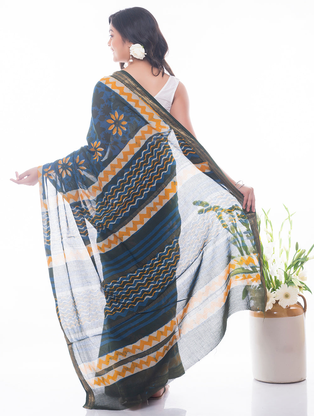 Summer Moods. Dabu Block Printed Maheshwari Saree - Blue & Yellow Daisies