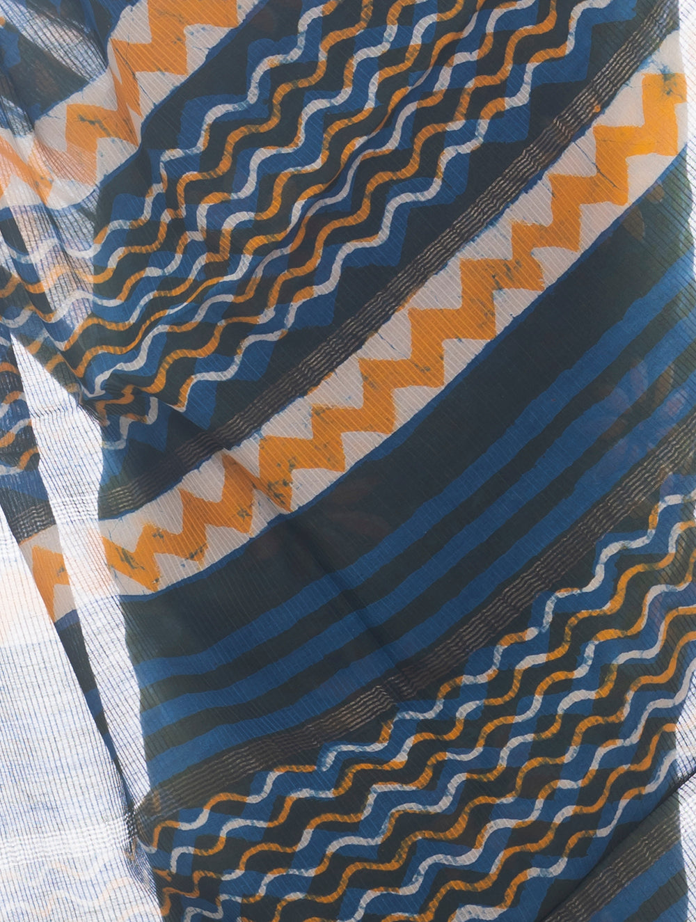 Summer Moods. Dabu Block Printed Maheshwari Saree - Blue & Yellow Daisies