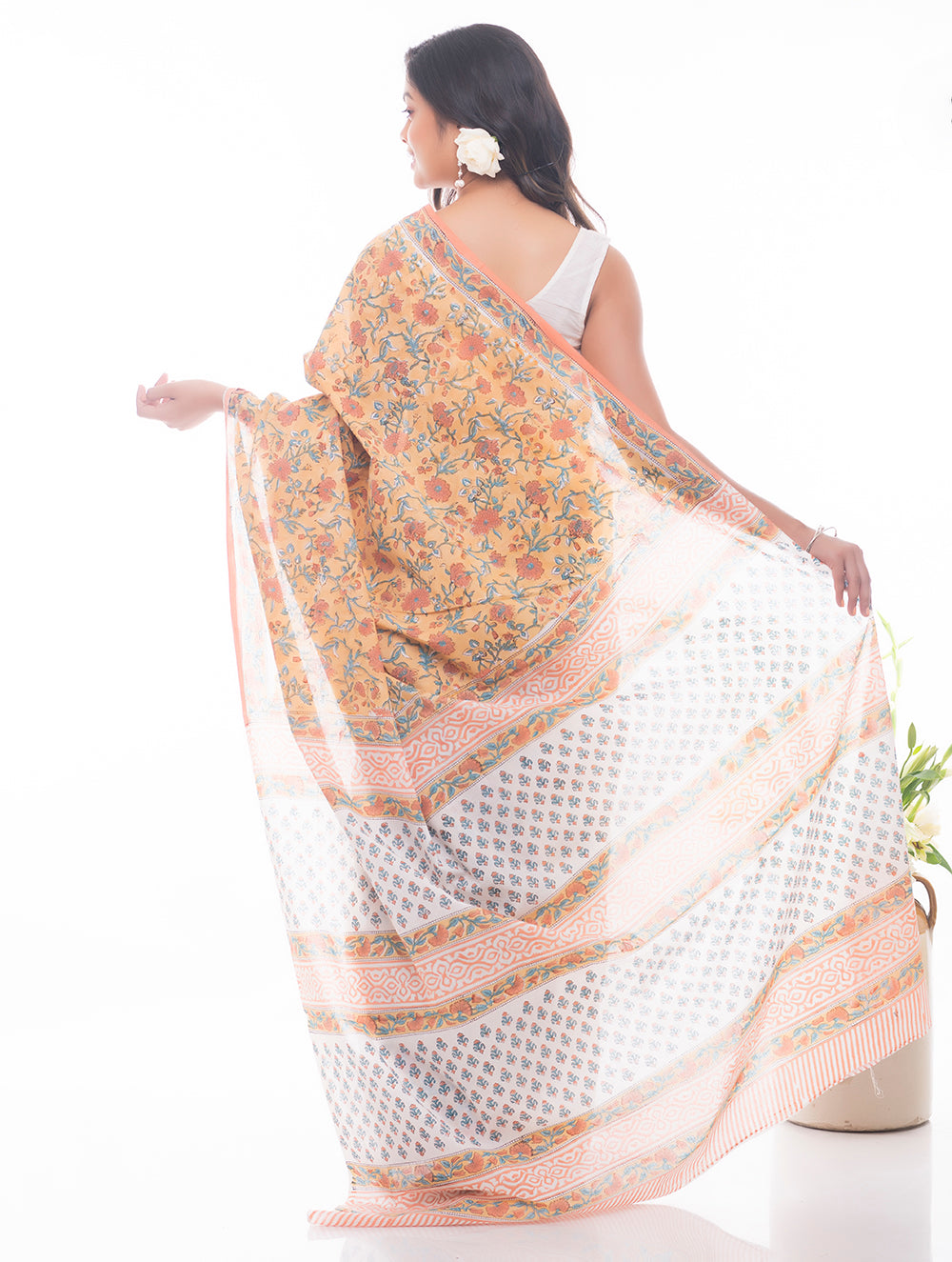Load image into Gallery viewer, Summer Moods. Sanganeri Mulmul Cotton Saree - Mustard Flora 