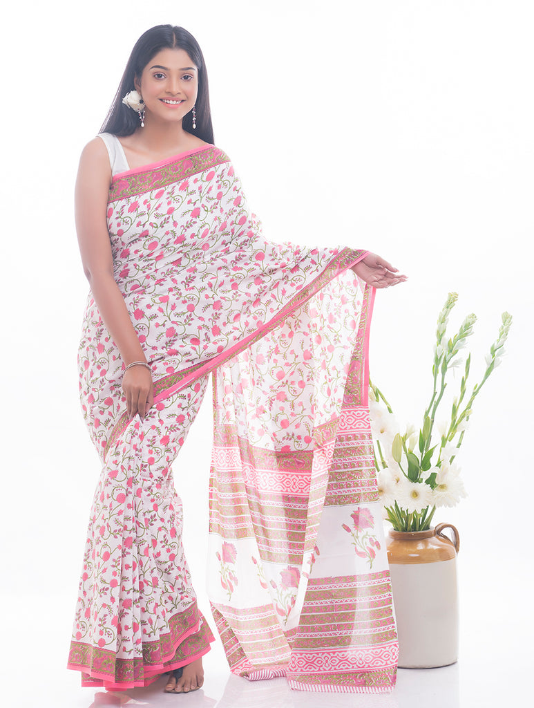 Summer Moods. Sanganeri Mulmul Cotton Saree - Pink Flowers
