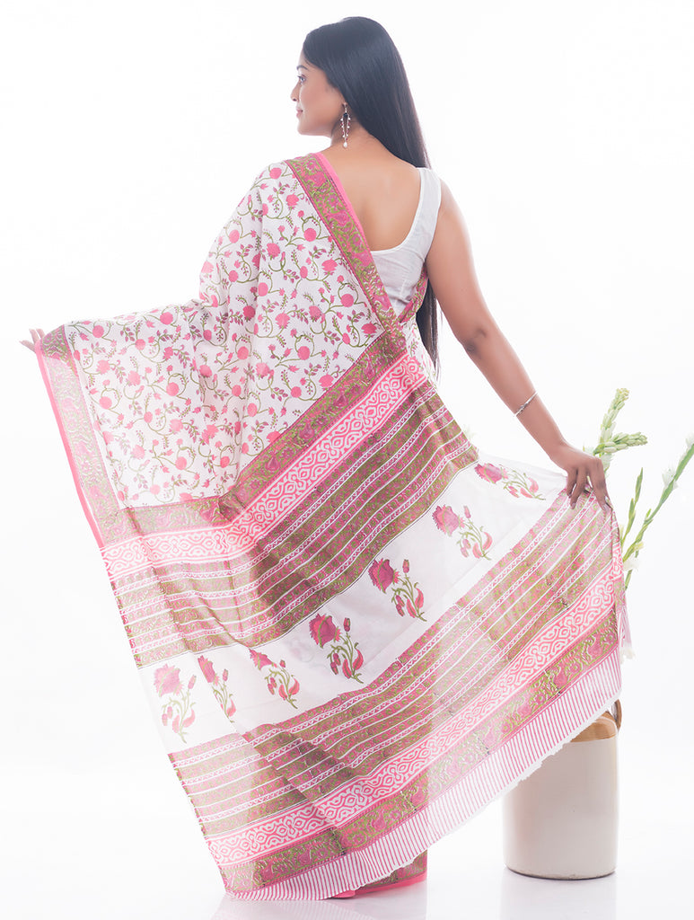 Summer Moods. Sanganeri Mulmul Cotton Saree - Pink Flowers