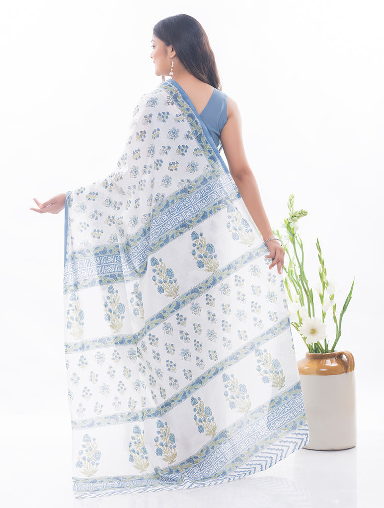 Summer Moods. Sanganeri Mulmul Cotton Saree - White & Blue Floral